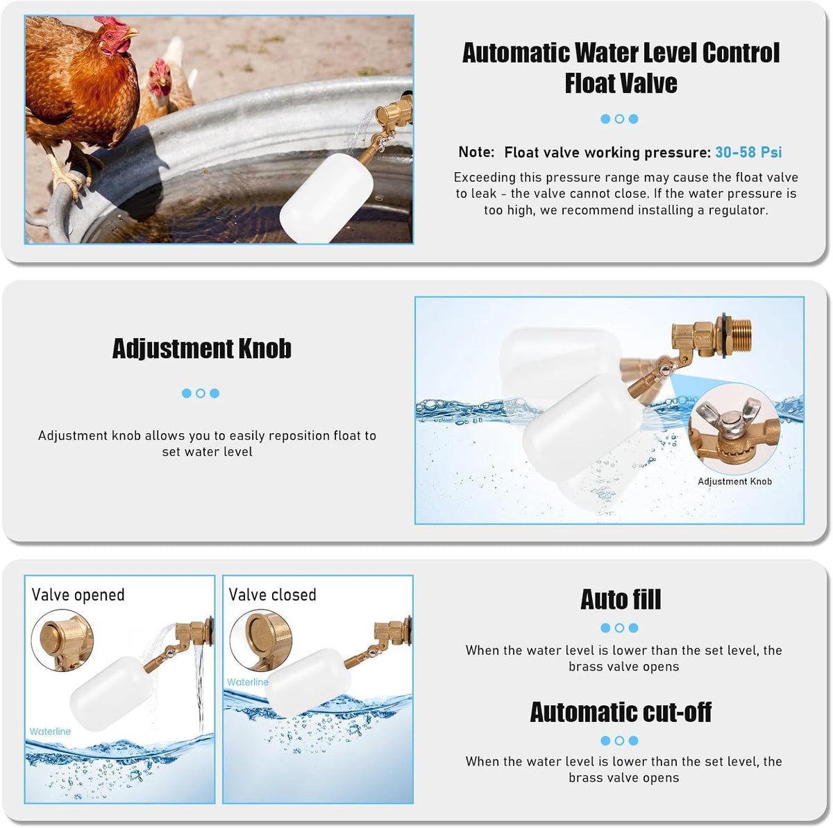 1/2 Inch Float Valve, Water Level Control Auto Fill Valve