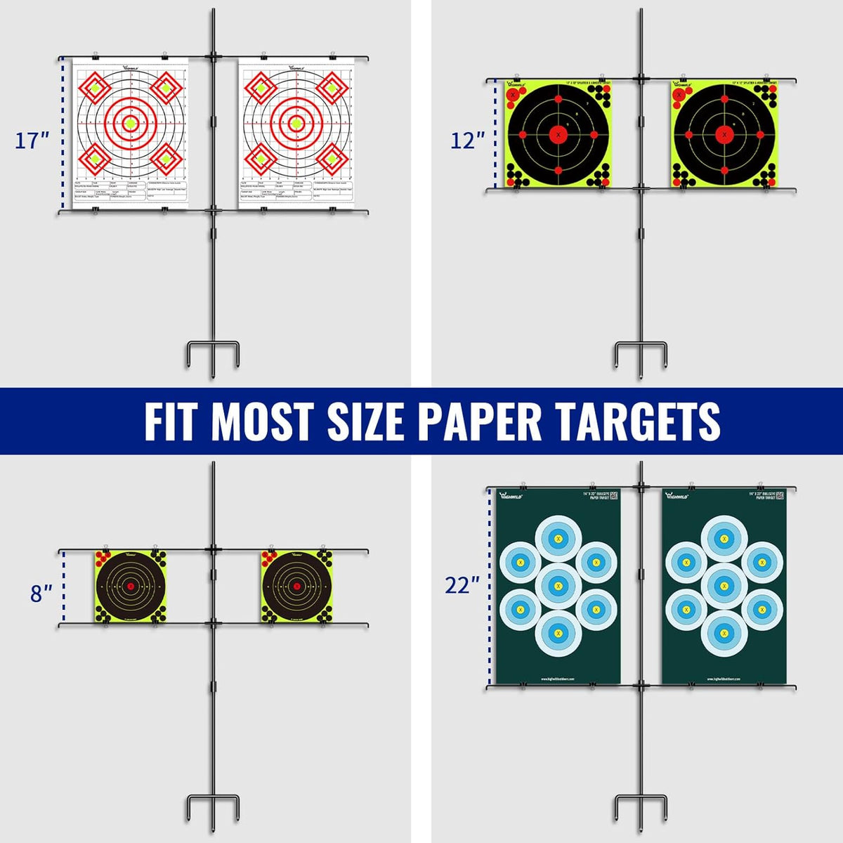 Adjustable Paper Target Stand, Frame with 8 Clips | Clear Bullseye Targets Sheet for Shooting Practice
