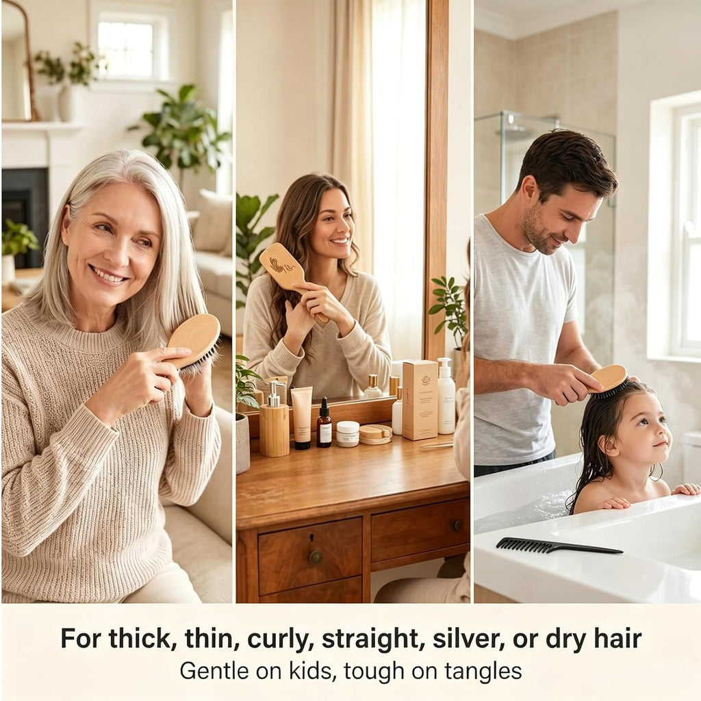 Boar Bristle Hair Brush and Comb Set for Women Men Kids, Best Natural Wooden Paddle Hairbrush and Small Travel