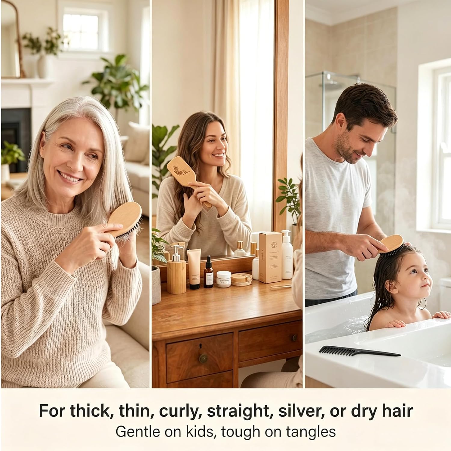 Boar Bristle Hair Brush and Comb Set for Women Men Kids, Best Natural Wooden Paddle Hairbrush and Small Travel