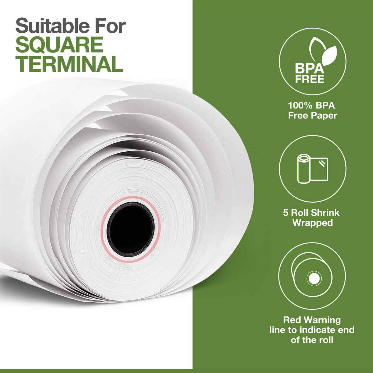 Thermal Paper Rolls Compatible with Square Terminal – 100 Rolls
