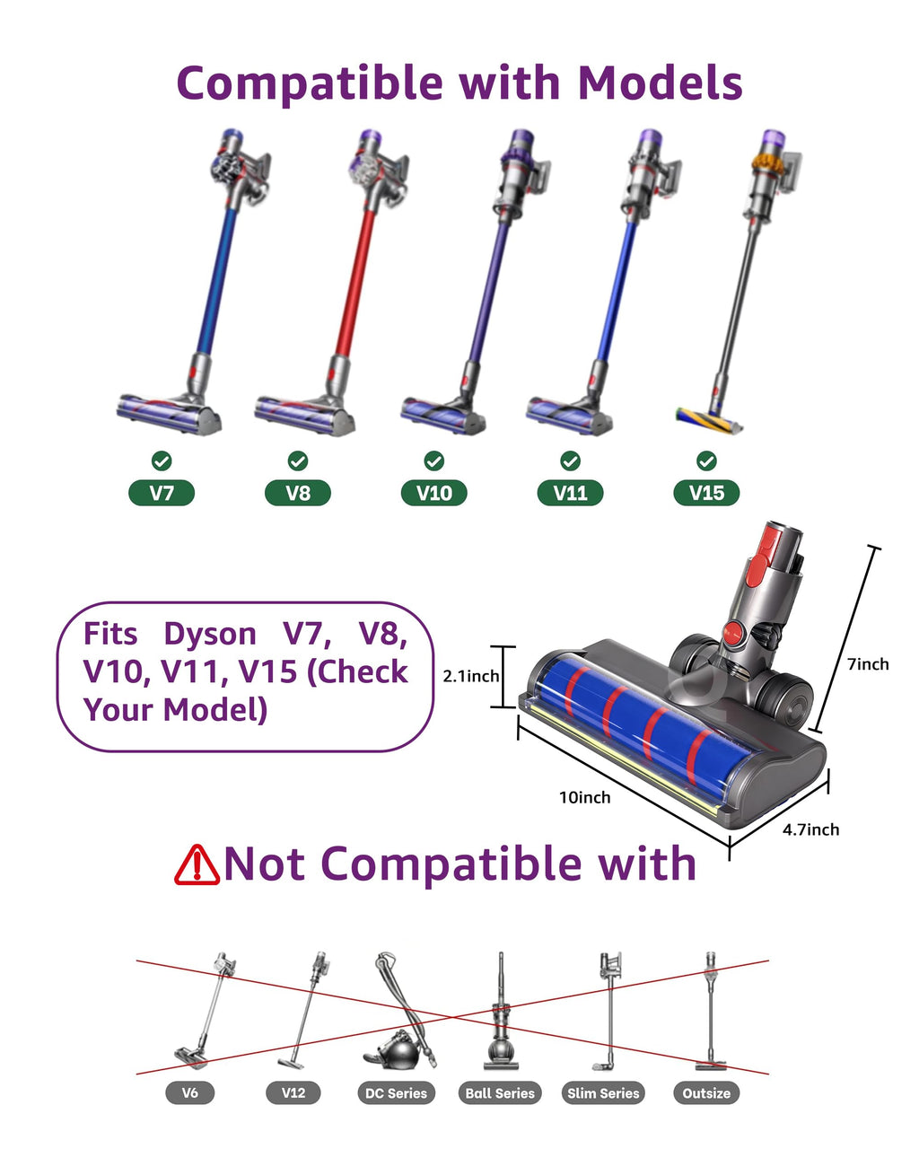 Upgraded 2 Brushes Vacuum Head Replacement for Dyson V7 V8 V10 V11 V15