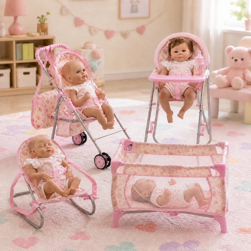 Baby Doll Stroller Bed and Seat Nursery Playset, Baby Doll Accessories Set High Chair Diaper Bag Role Play Deluxe