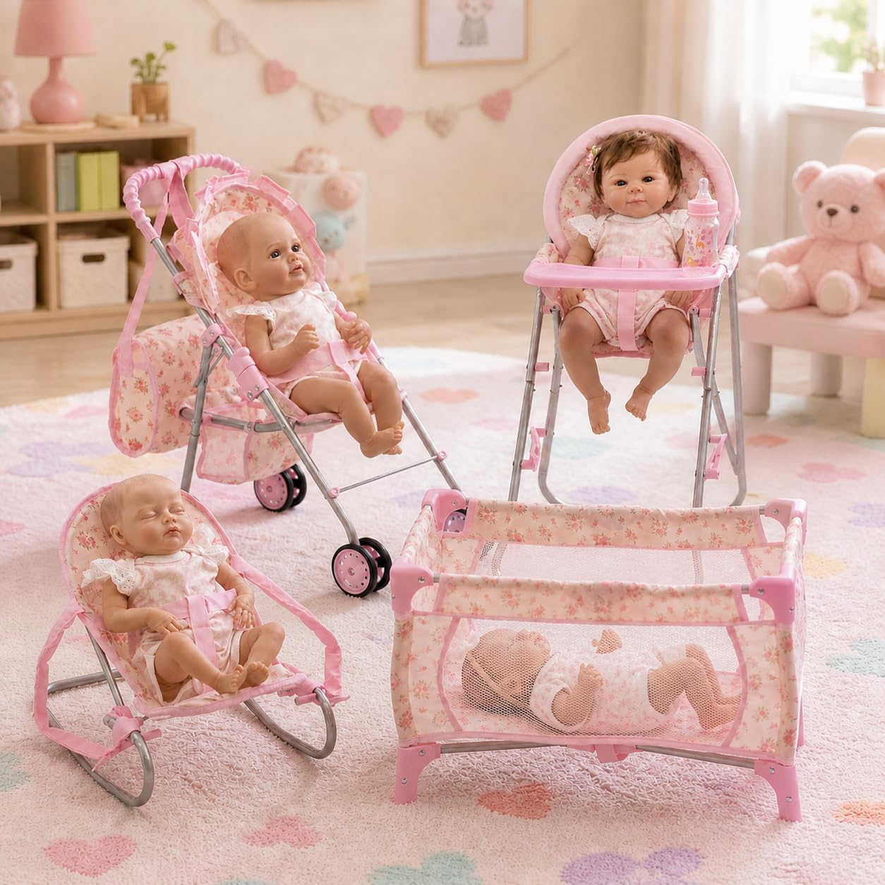 Baby Doll Stroller Bed and Seat Nursery Playset, Baby Doll Accessories Set High Chair Diaper Bag Role Play Deluxe