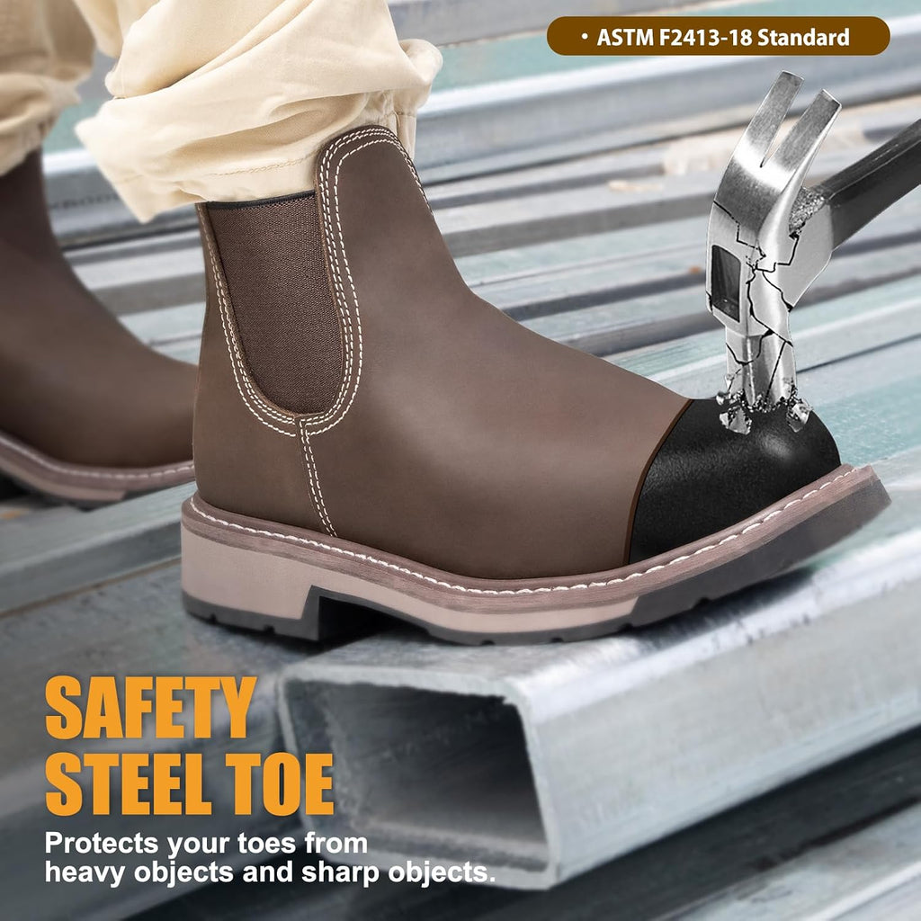 Steel toe Chelsea Work Boots Puncture-Proof with EVA Mid-Sole | Full Grain Leather Slip-on Safety Shoes, Comfortable