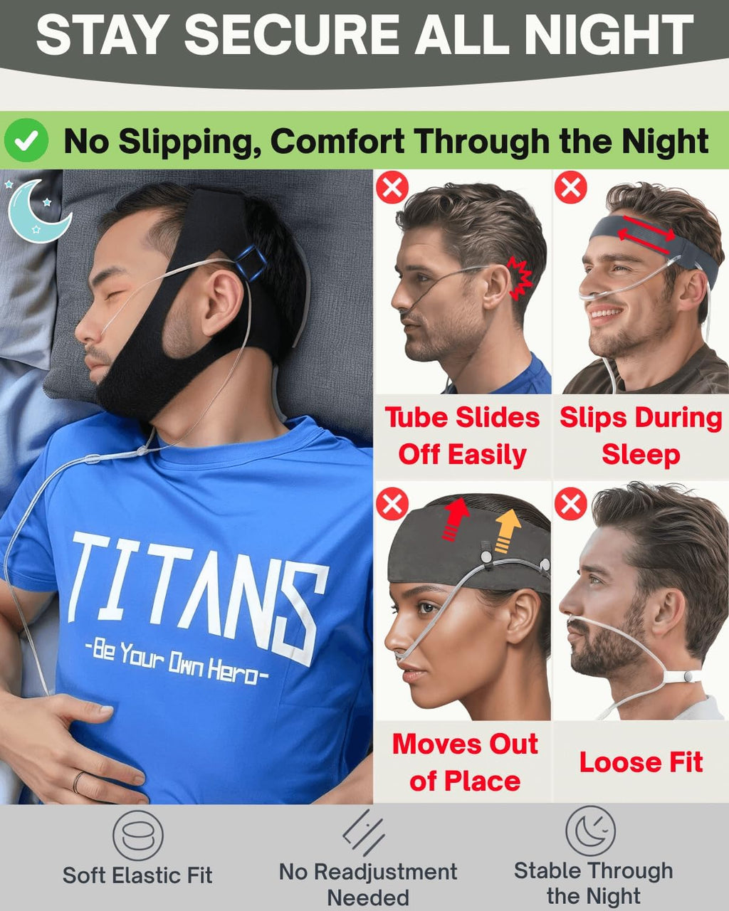 Nasal Cannula Holder for Sleeping, Adjustable Headband to Keep Nasal Cannulas for Oxygen in Place, Chin Strap for
