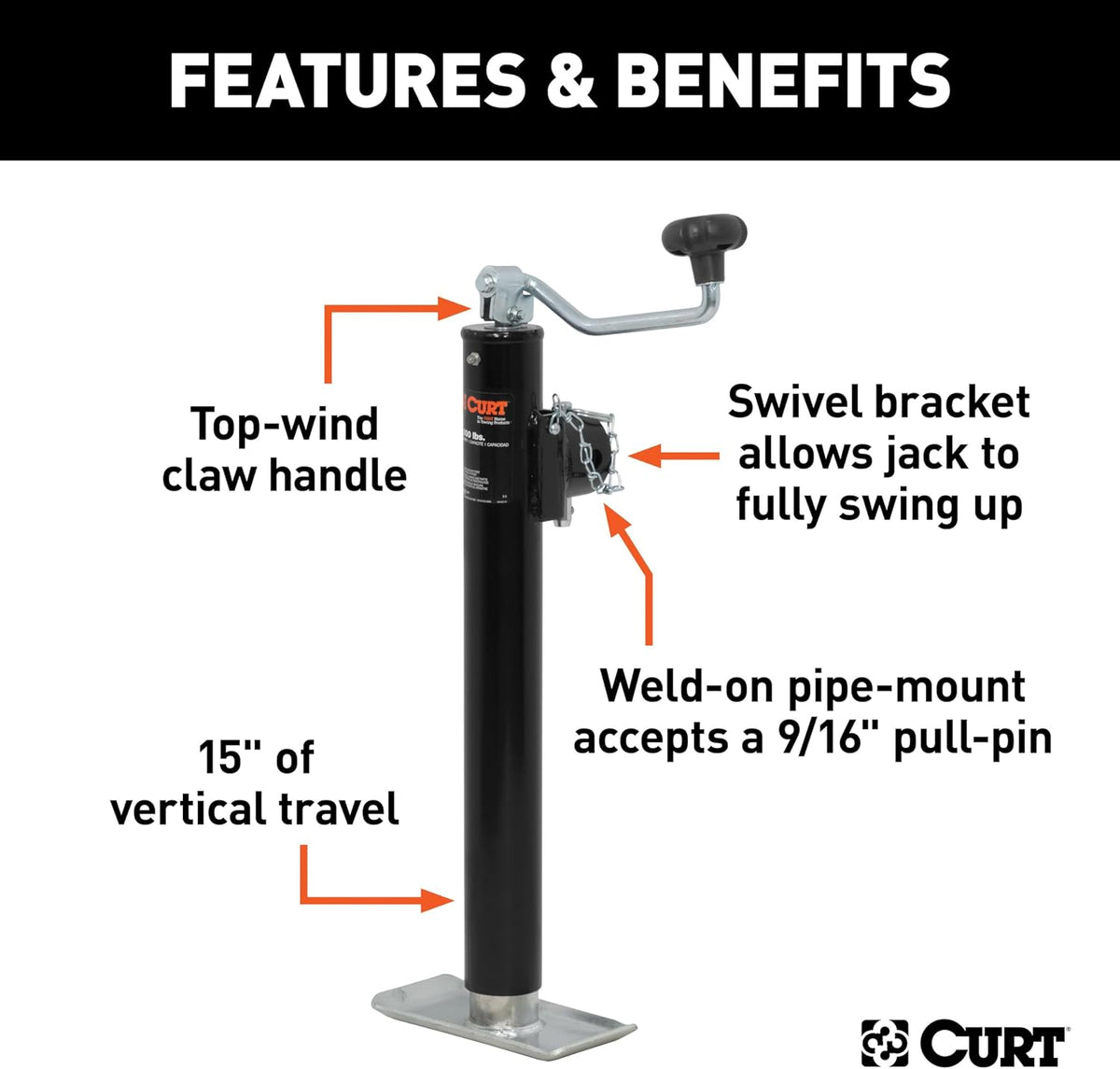28356 Weld-On Pipe-Mount Swivel Trailer Jack, 5,000 lbs., 15 Inches Vertical Travel