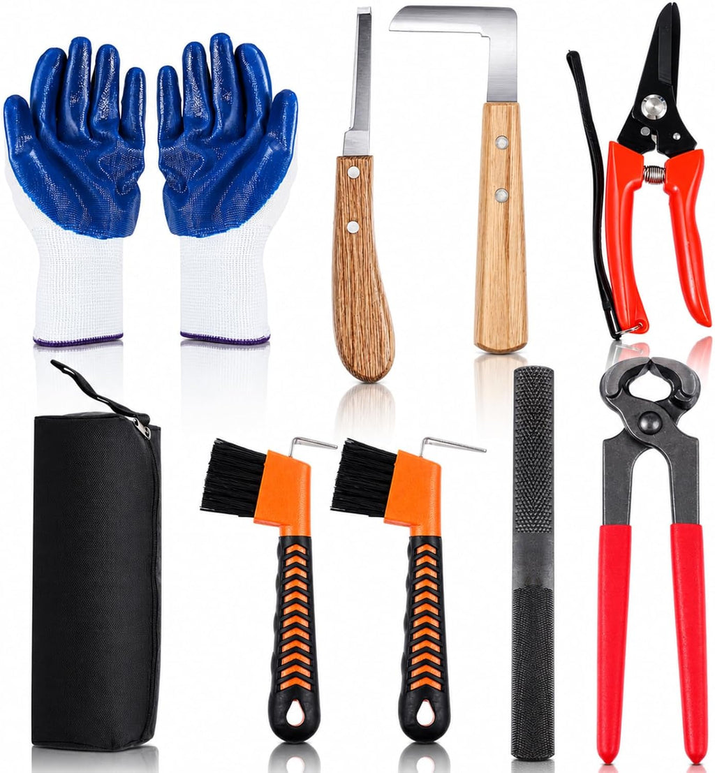 9 Pcs 8 Inch Farrier Tools Kit Horse Goat Hoof Trimmer Metal Shears Farriers Hoof Nipper Cutter Handle Knife Gloves