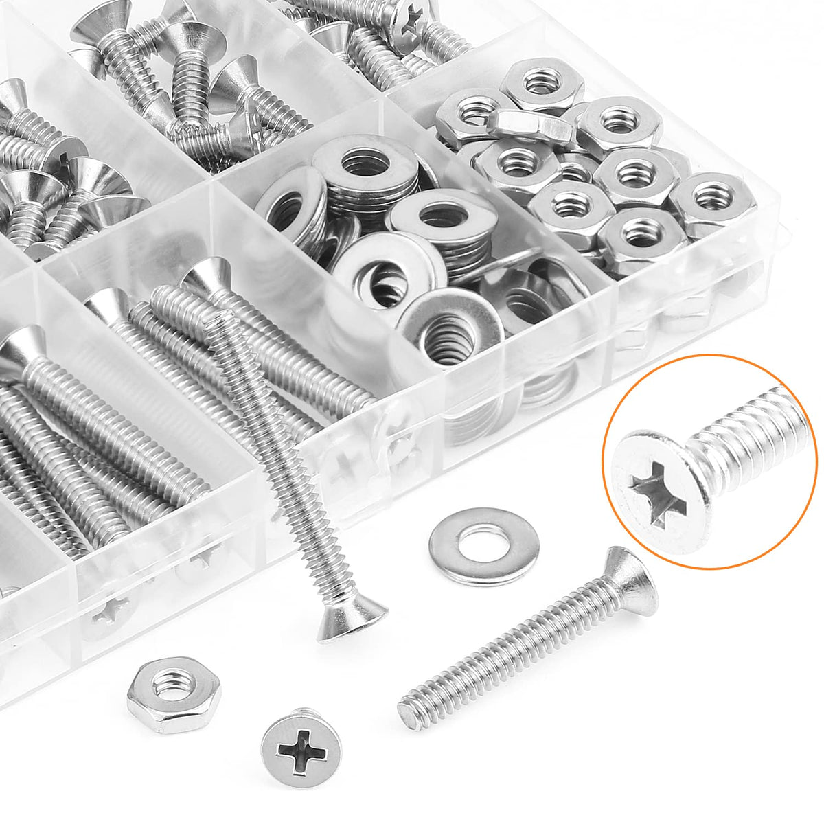 HELIFOUNER 140 Pieces #10-24 Phillips Countersunk Head Machine Screws Nuts Washers Assortment Kit, Coarse Thread, Fully Machine Threaded, 304 Stainless Steel