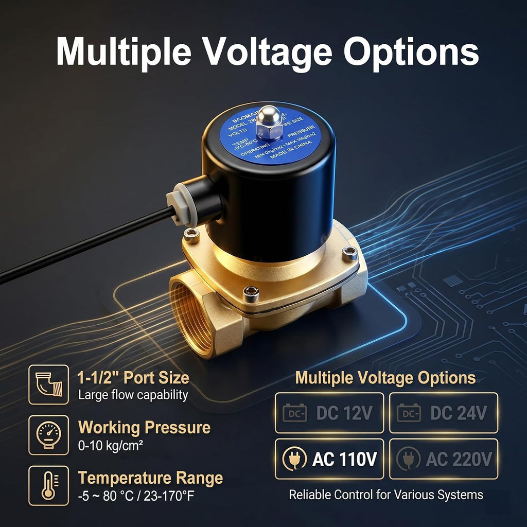 Baomain Electric Solenoid Valve Port 1-1/2" 110 VAC Thread Direct Acting Normally Closed(NC) Compatible with Water Gold