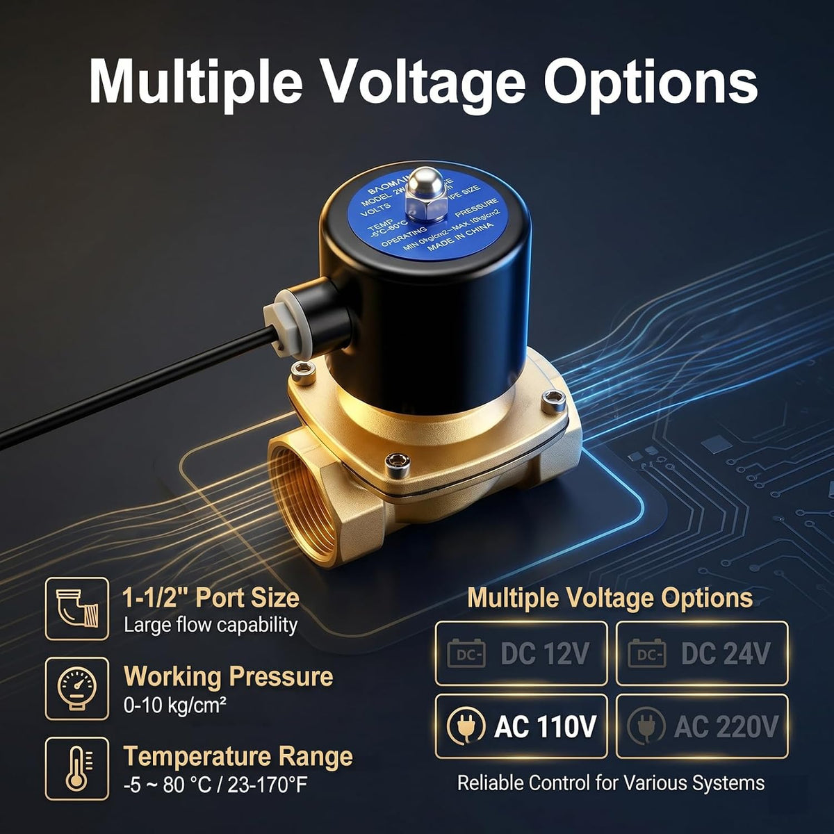 BAOMAIN 1-1/2" PT Brass Solenoid Valve AC 110V Normally Open Valve