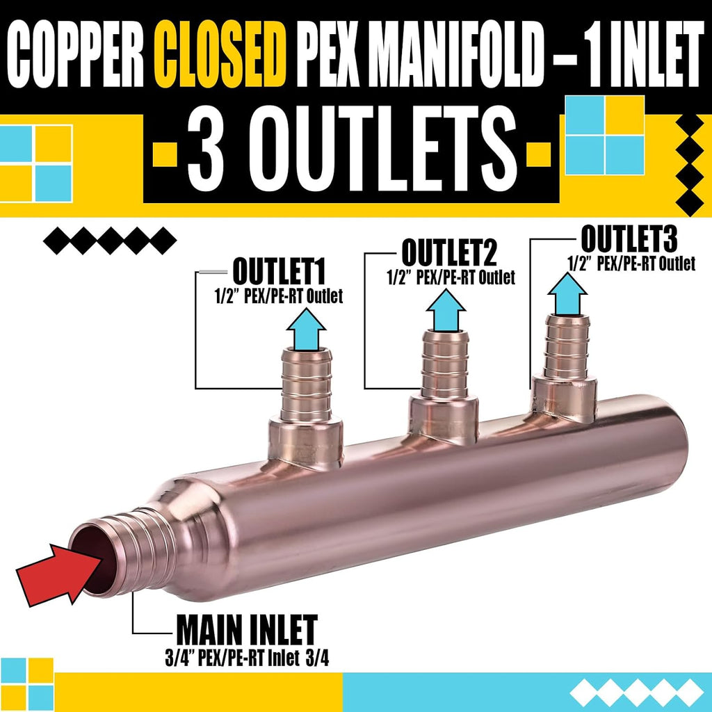 Zonon 2 Pack 3 Port Closed Crimp Lf Pure Copper Pex Manifold Tee