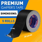 Black Gaff Tape 5 Pack, 3 Inch x 30 Yards Gaffers Tape, No Residue
