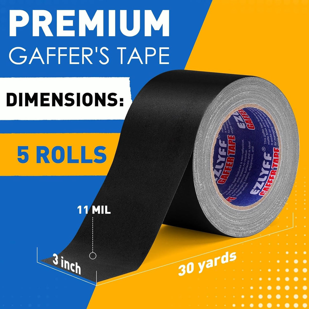 Black Gaff Tape 5 Pack, 3 Inch x 30 Yards Gaffers Tape, No Residue