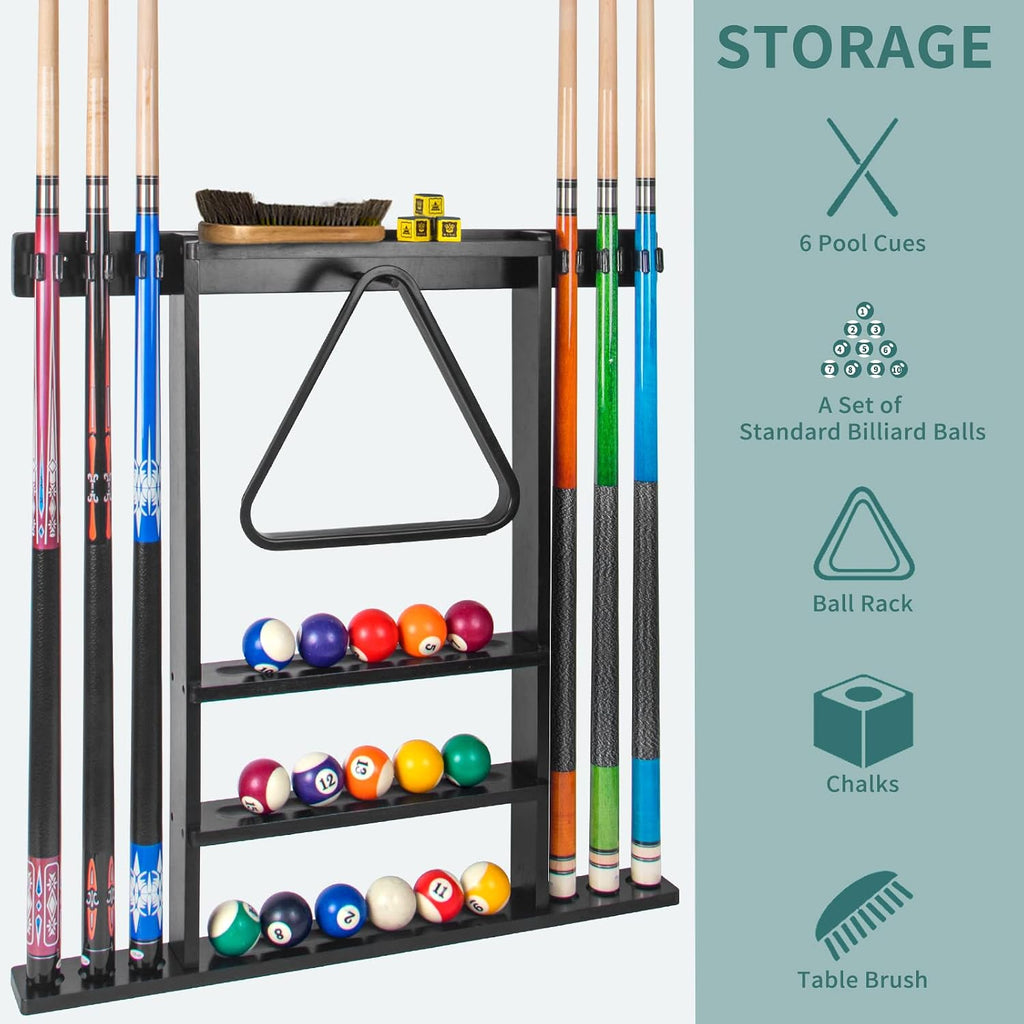 Black Pool Stick Holder, Wall Mount Pool Cue Rack ,Solid Wood Floor Stand for billiard cue sticks,Holds 6 Pool Cues &