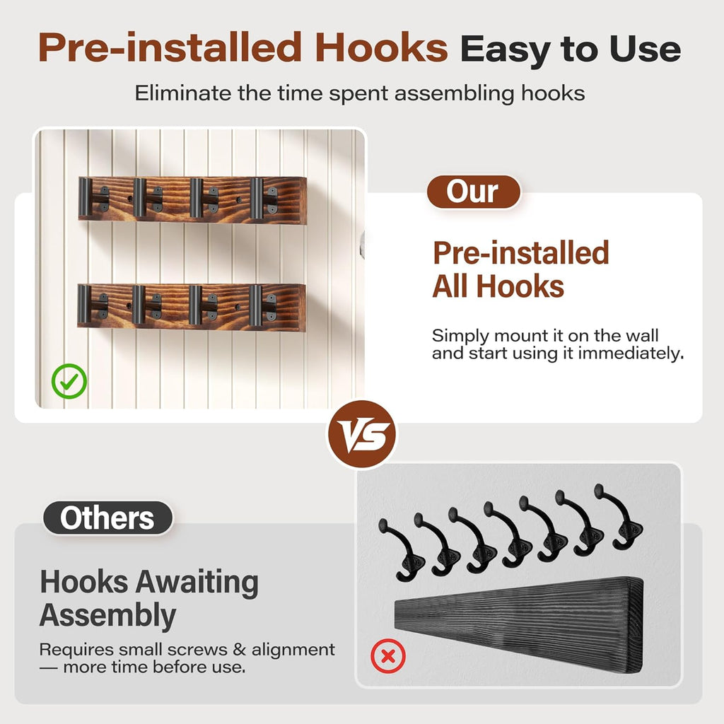 Coat Rack Wall Mount 2 Pack with 8 Pre-Installed Metal Hooks, Rustic Pine Solid Wood Coat Hanger Wall Mount for
