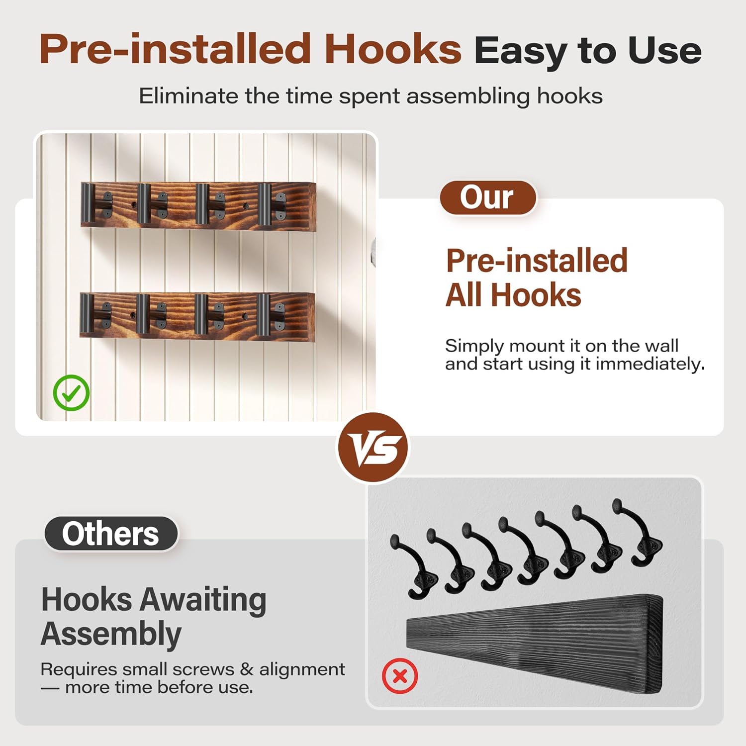 Coat Rack Wall Mount 2 Pack with 8 Pre-Installed Metal Hooks, Rustic Pine Solid Wood Coat Hanger Wall Mount for
