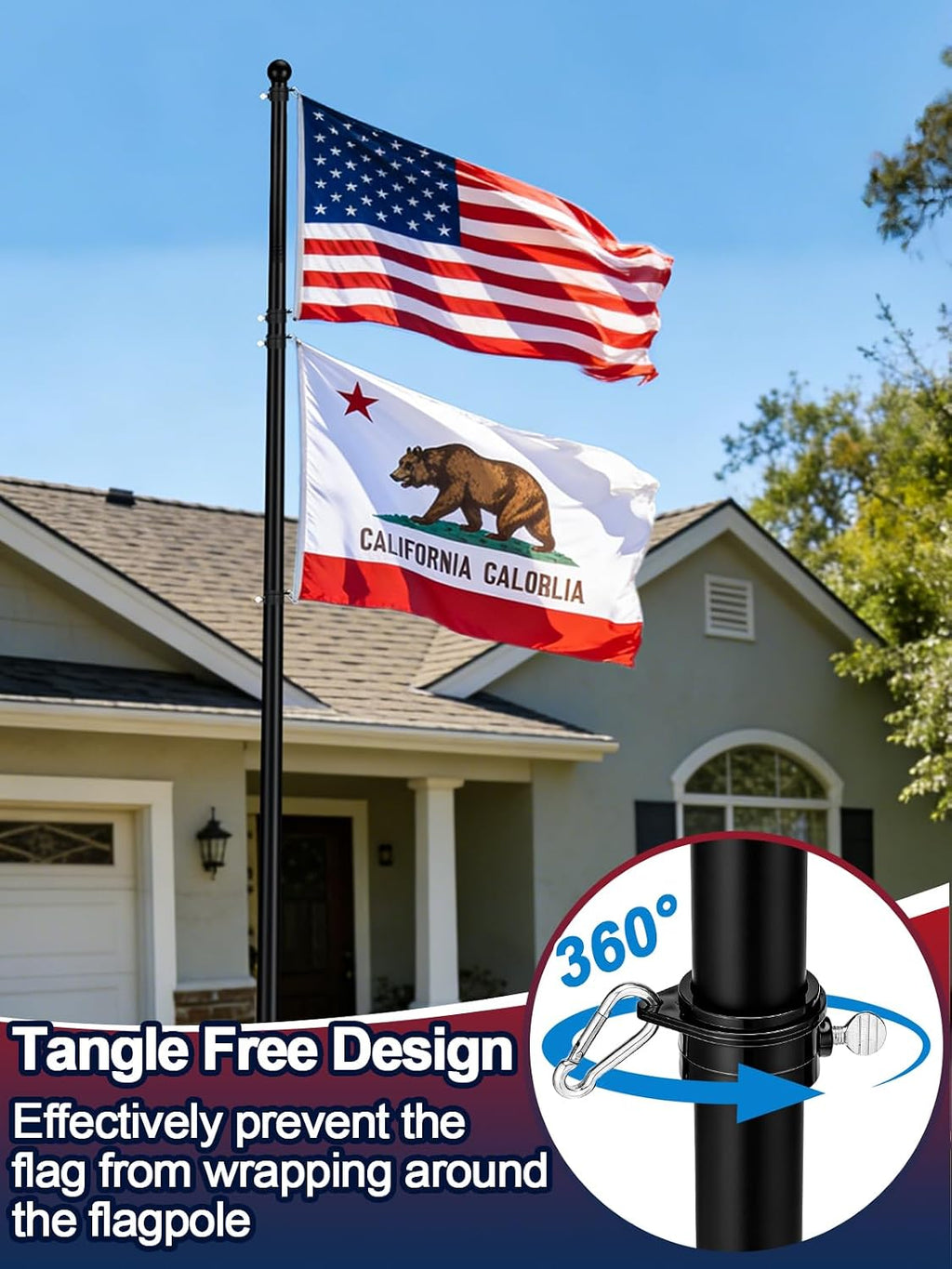 10ft In-Ground Flag Pole for Outside House, Fits 2 Flags | Windproof Thicken Flag Pole Kit with 5 Sturdy Prongs Base