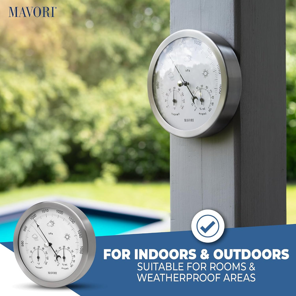 3in1 Weather Station Analog - Barometer, Hygrometer & Thermometer for Indoor - Ø 13,5cm Stainless Steel Frame with