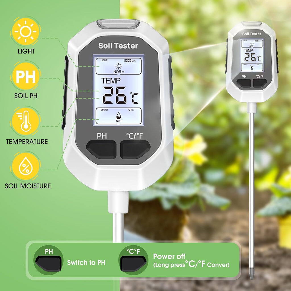4-in-1 Soil Moisture Meter Digital Plant Temperature/Soil Moisture/pH Meter/Sunlight Intensity Backlight LCD Display