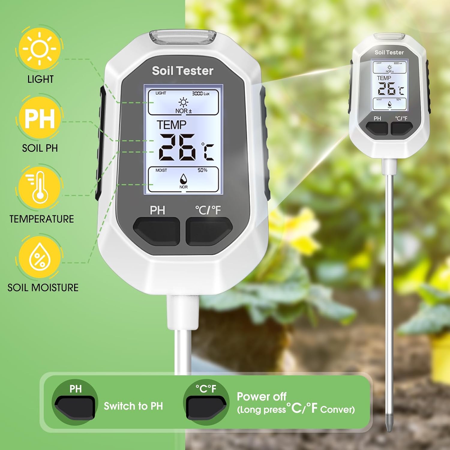 4-in-1 Soil Moisture Meter Digital Plant Temperature/Soil Moisture/pH Meter/Sunlight Intensity Backlight LCD Display