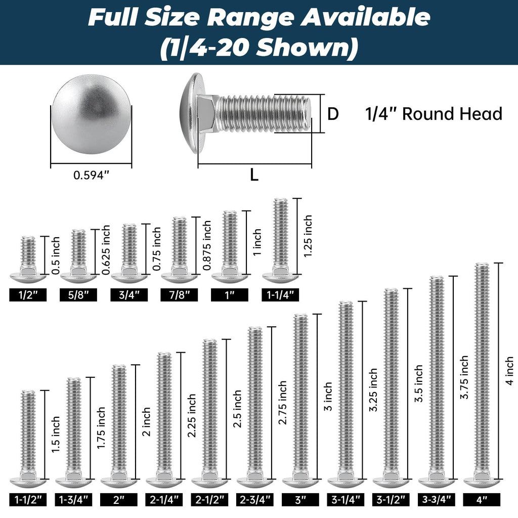 1/4-20 x 3 Inch Carriage Bolt Kit, 304 Stainless Steel (18-8) with Hex Nuts & Flat Washers - 16 Sets, Round Head