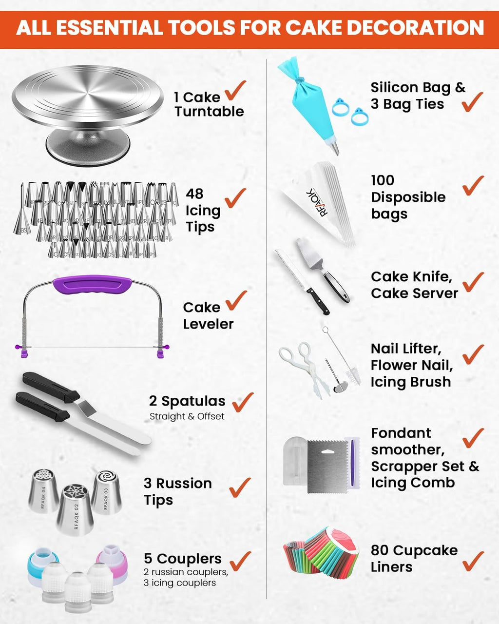 250 PCs Aluminum Cake Decorating Tools Kit with 12" Metal Turntable & Knife set-48 Numbered Icing Tips-3 Russian