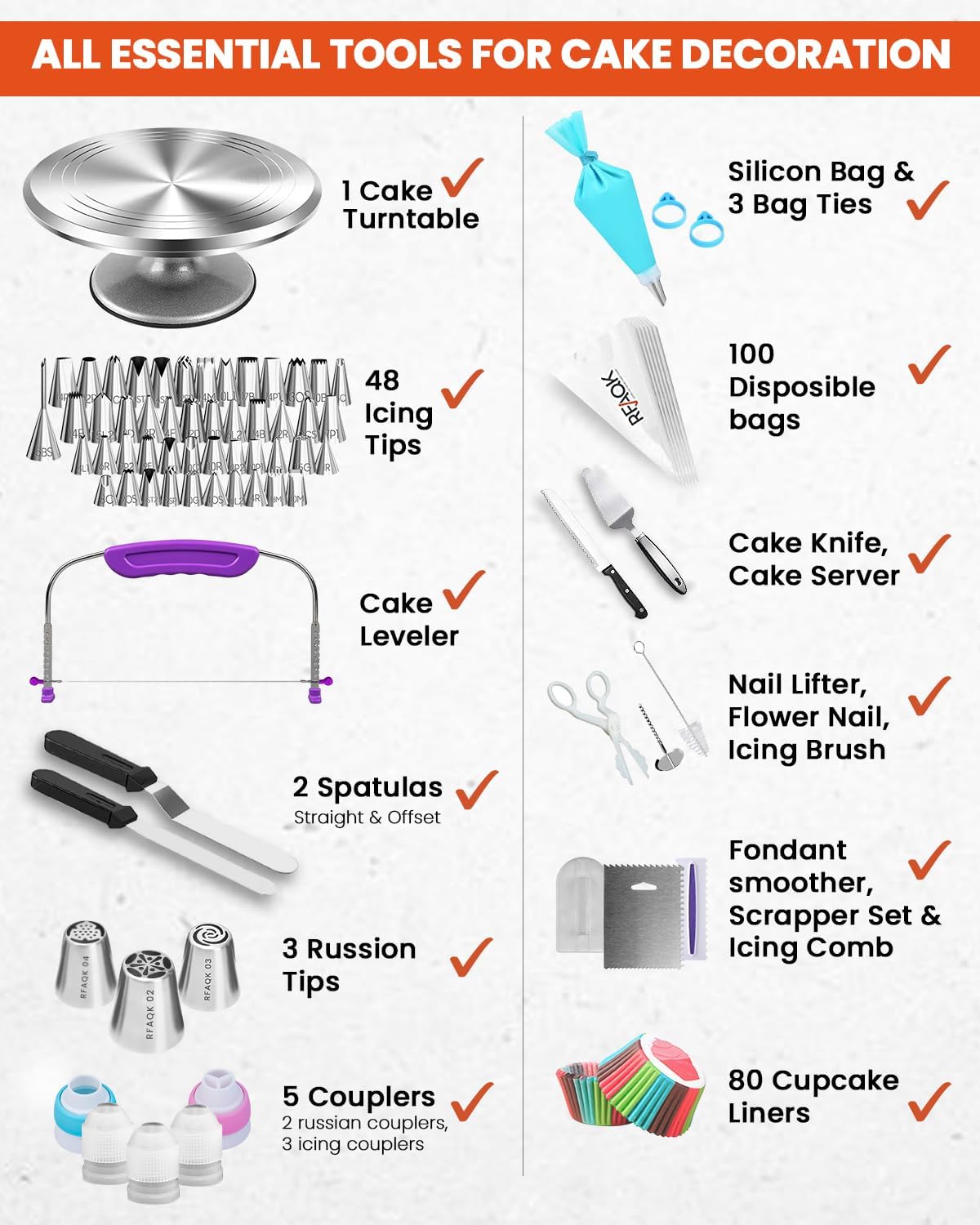 250 PCs Aluminum Cake Decorating Tools Kit with 12" Metal Turntable & Knife set-48 Numbered Icing Tips-3 Russian