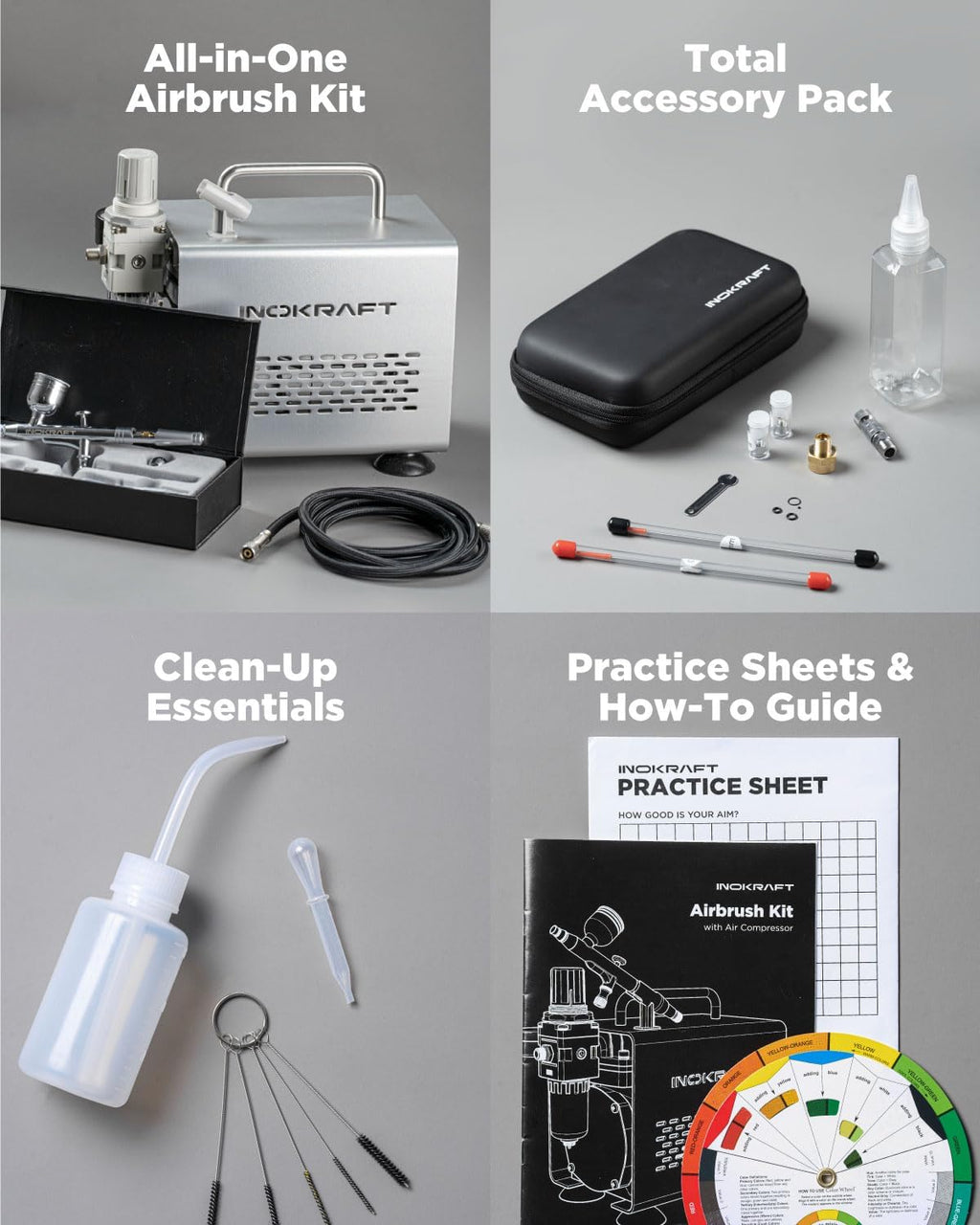 Airbrush Kit with 1/6 HP Quiet Air Compressor, 4 Colors | Gravity Airbrush with 3 Tips 0.2, 0.3 & 0.5 mm- Hose