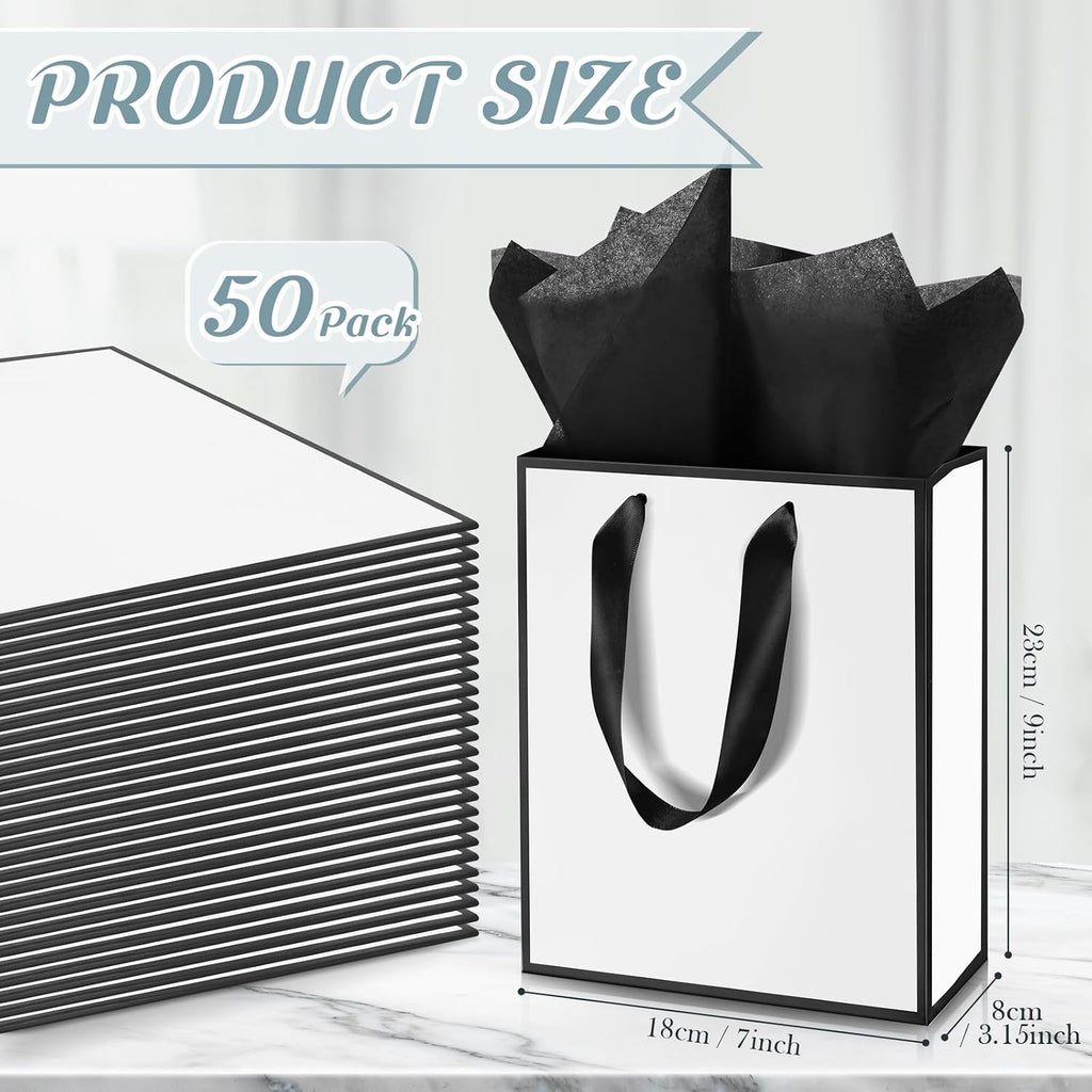 50 Pack Metallic Paper Gift Bag Bulk with Handle, White Black