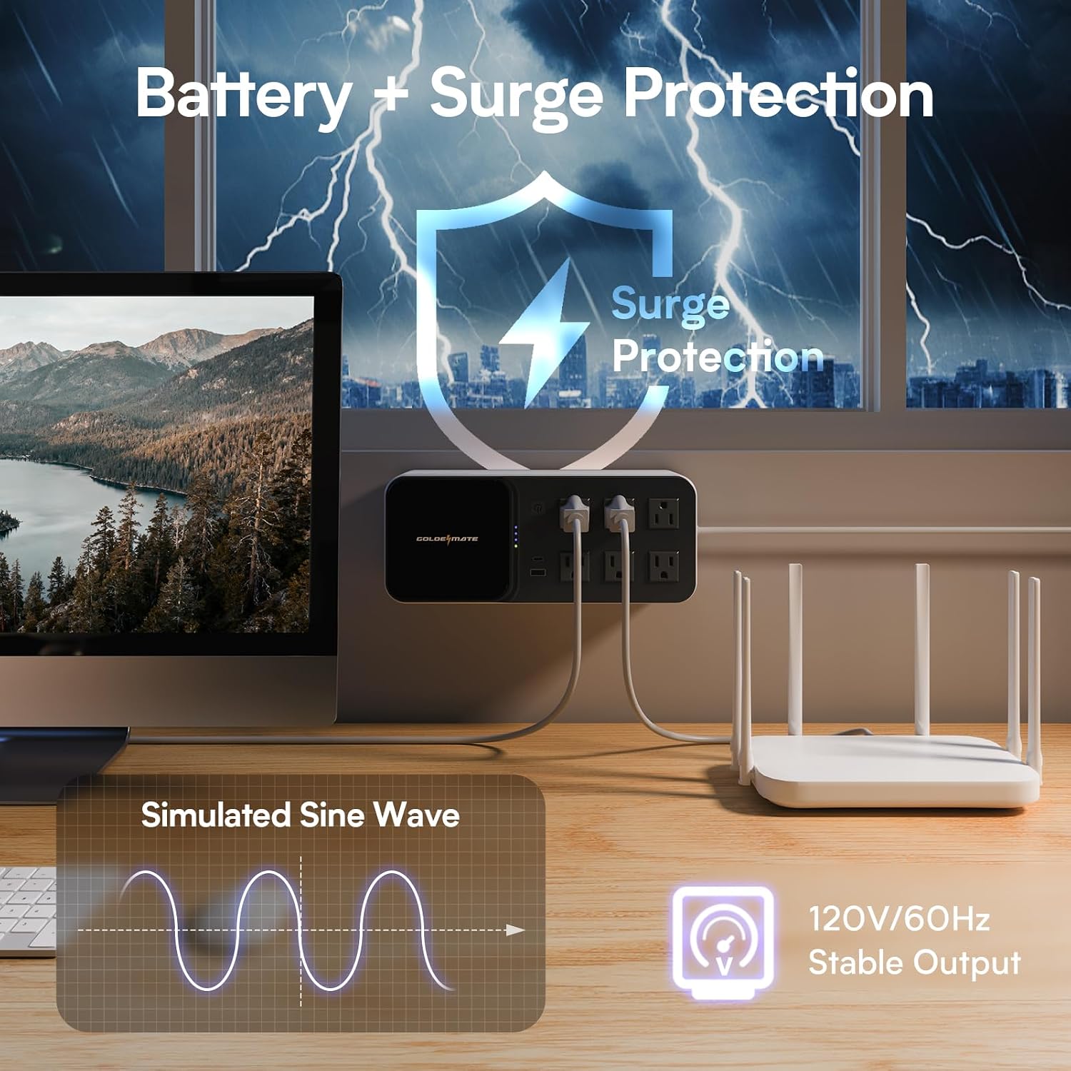600VA/360W Lithium UPS Battery Backup and Surge Protector | 6 Outlets, 2 USB Ports, Wireless Charging, Wall Mount
