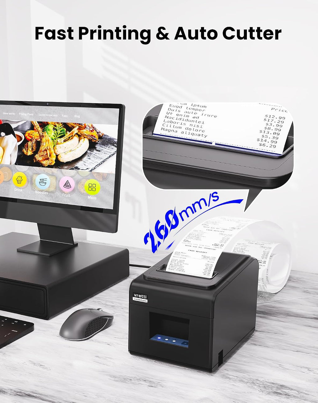 Thermal Receipt Printer, 3 1/8" 80mm Direct Thermal Printers | with USB Serial LAN Port - Kitchen POS Printer ESC/POS