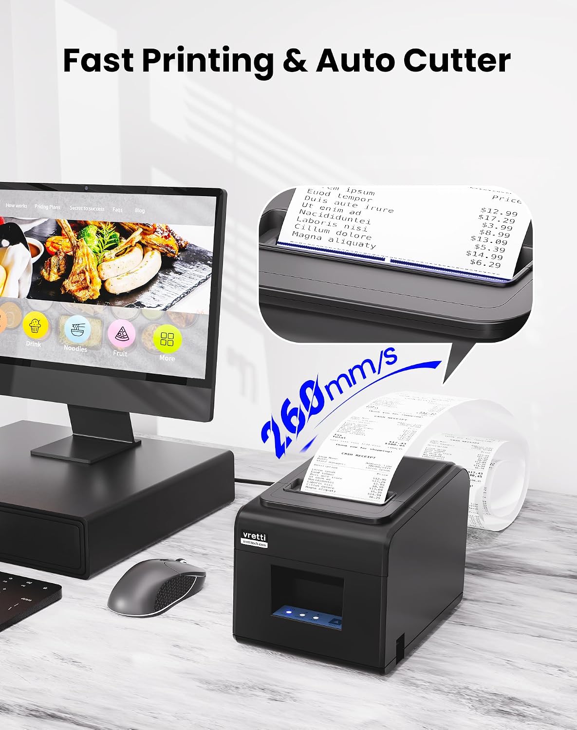 Thermal Receipt Printer, 3 1/8" 80mm Direct Thermal Printers | with USB Serial LAN Port - Kitchen POS Printer ESC/POS