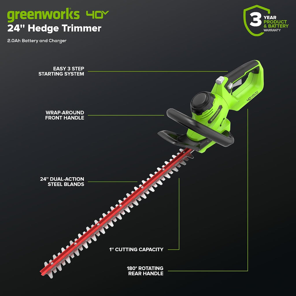 40V 24" Cordless Hedge Trimmer (1" Cutting Capacity), 2.0Ah USB Battery and Charger Included