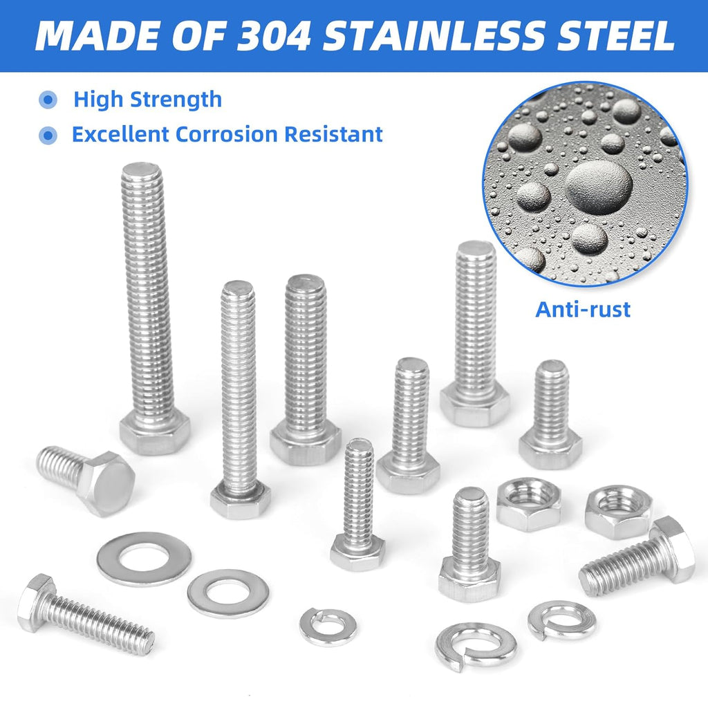 252Pcs Hex Bolts and Nuts Assortment Kit, 1/4-20, 5/16-18, 3/8-16 Assorted Bolts Nuts and Washers Kit, 304 Stainless