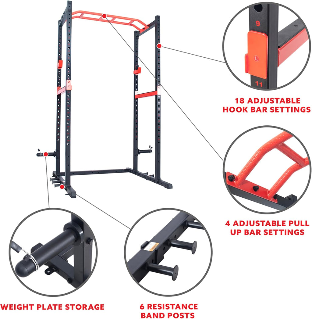 Power Zone Strength Rack Power Cage - 1000 LB Weight Capacity, Spotter Bar, Angled Pull-Up Bar, J-Hooks, Resistance