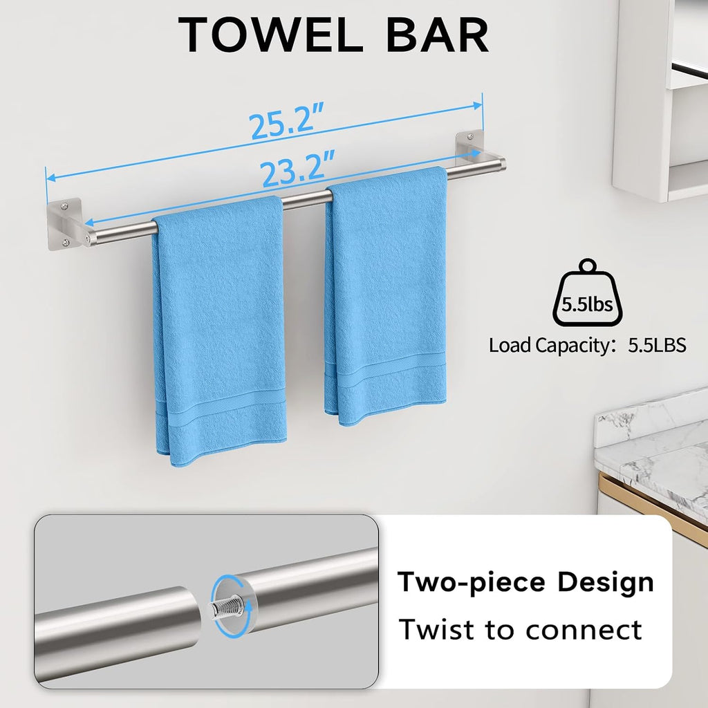 8-Piece Brushed Nickel Bathroom Hardware Set, 24 inch Towel Bar | Towel Racks for Bathroom Accessories Set, Robe