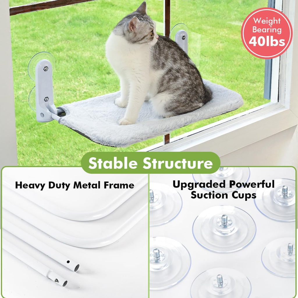 2PC Cat Window Perch Cordless Foldable Cat Hammock Bed for Window with Metal Frame and Reversible Cover, Large