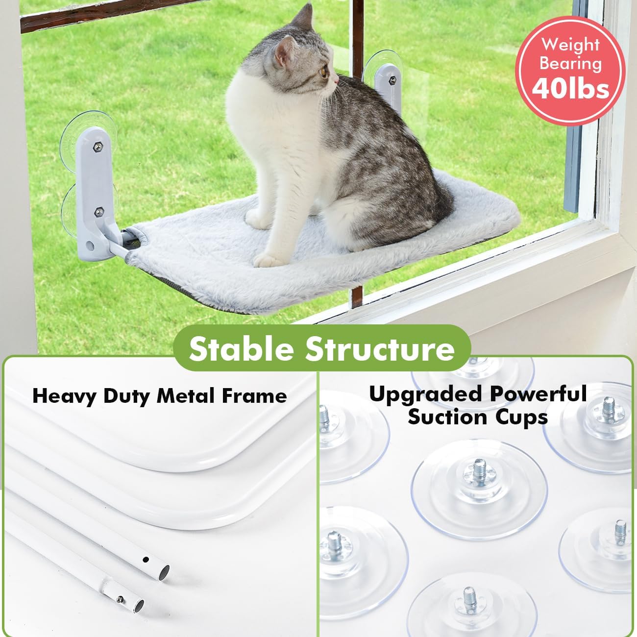 2PC Cat Window Perch Cordless Foldable Cat Hammock Bed for Window with Metal Frame and Reversible Cover, Large
