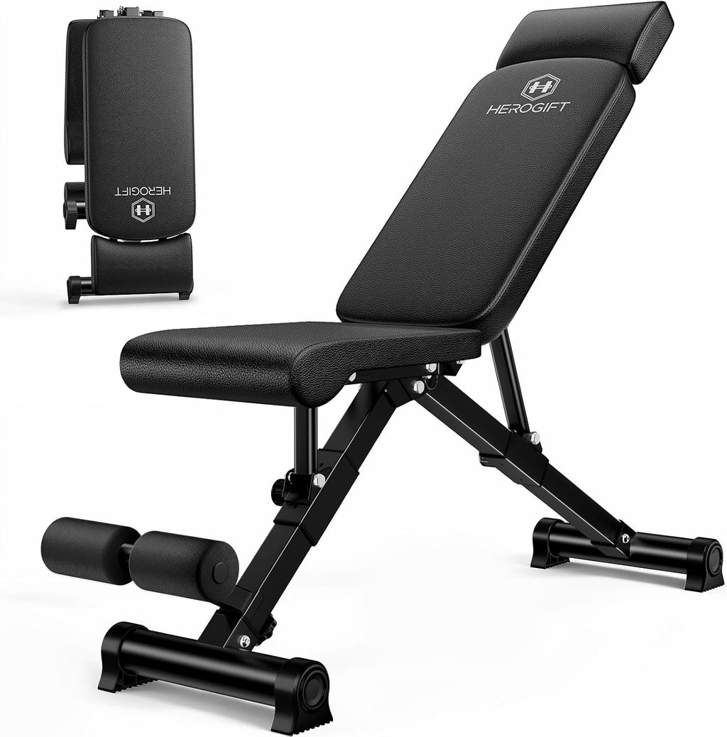 Adjustable Weight Bench, 144 Configurations with 3-Position Headrest, Foldable Workout Bench with Extended Backrest