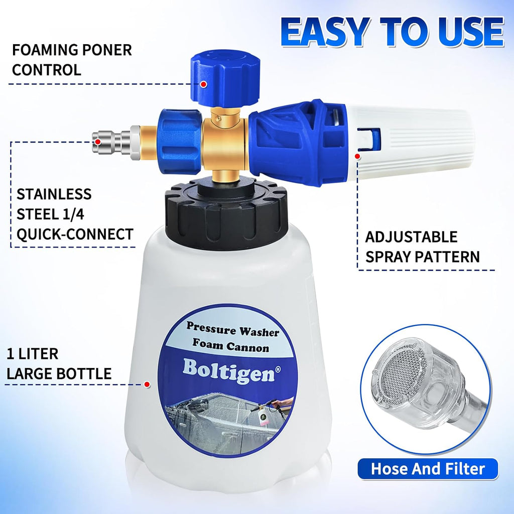 Pressure Washer Foam Cannon with Dual Connector, 1L Thick Snow Foam Blaster, Adjustable Foam Sprayer with 1/4" Quick
