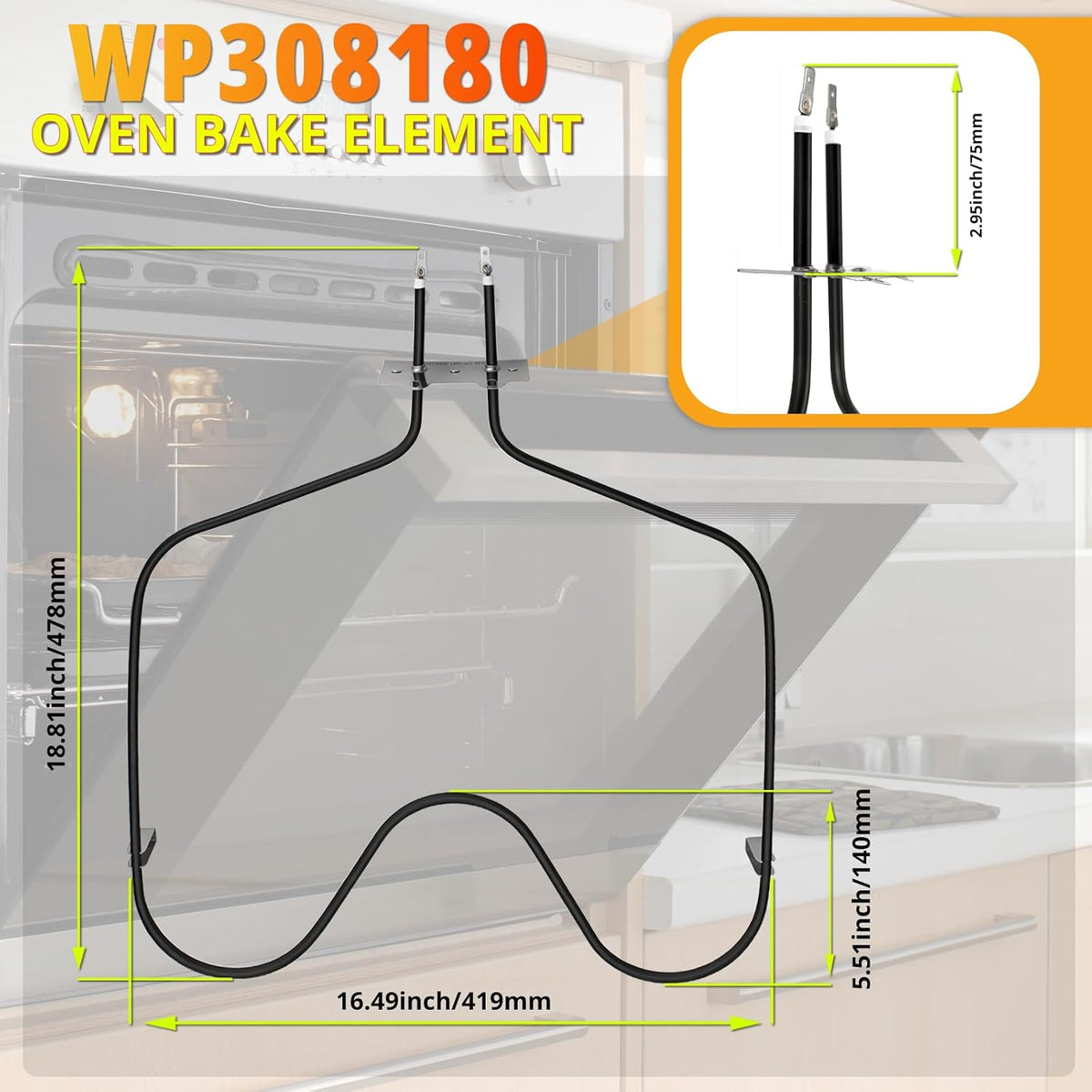 WP308180 Oven Bake Element W10308477 AP6007578, 2600W 240V