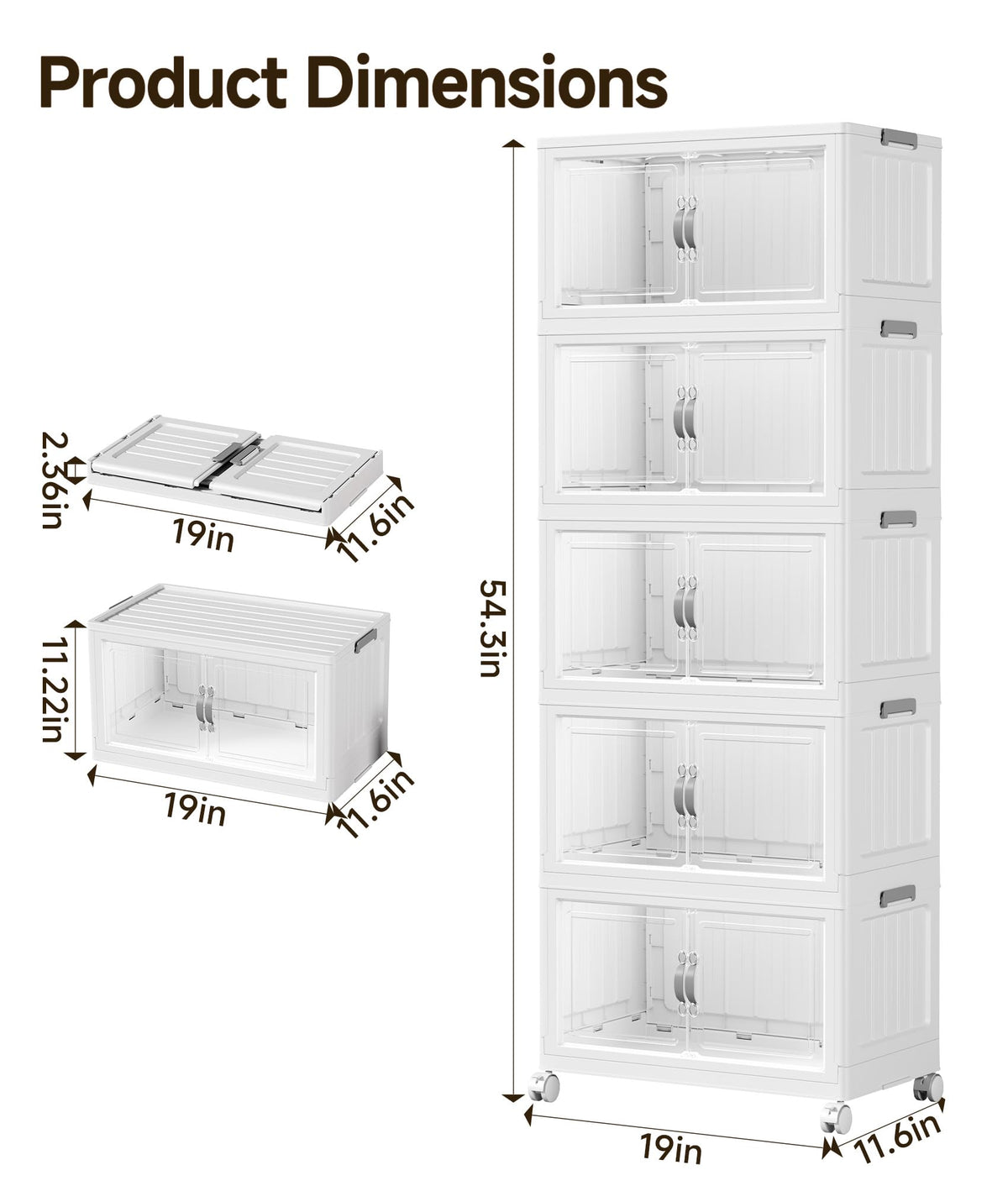175 QT Stackable Storage Bins with Lids, 5 Tier Collapsible Plastic Storage Cabinet with Magnetic Doors, Removable