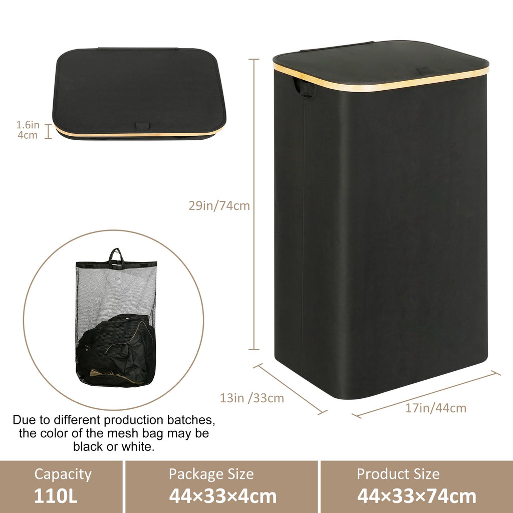 Laundry Hamper with Lid,110L Laundry Basket with Mesh Bags,Black