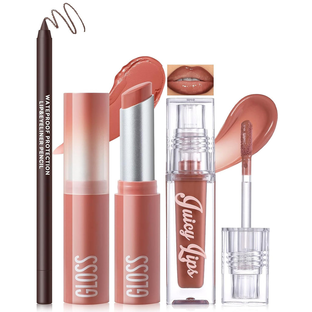 3Pcs Lip Combo Set, Lip Kit with Brown Plumping Lip Liner & Nourishing Lipstick & Nude Glossy Lip Gloss
