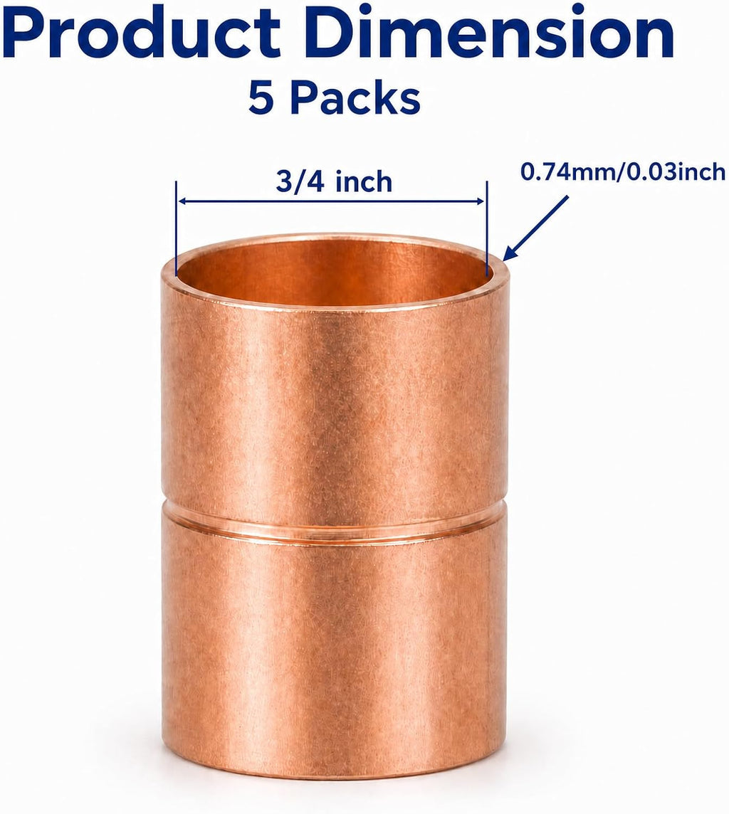Angry Pony 3/4 Inch ID Copper Coupling, HVAC Copper Fittings, 5 Pack