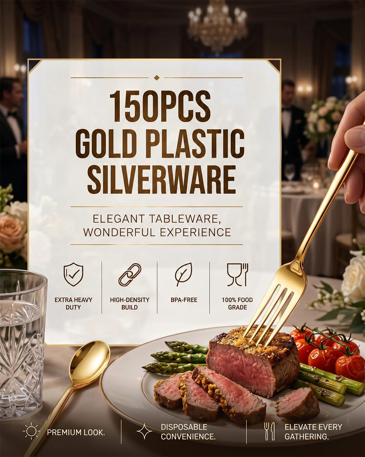 150PCS Gold Plastic Silverware Disposable - Heavy Duty Gold Plastic Cutlery - Gold Plastic Utensils Set Include 50