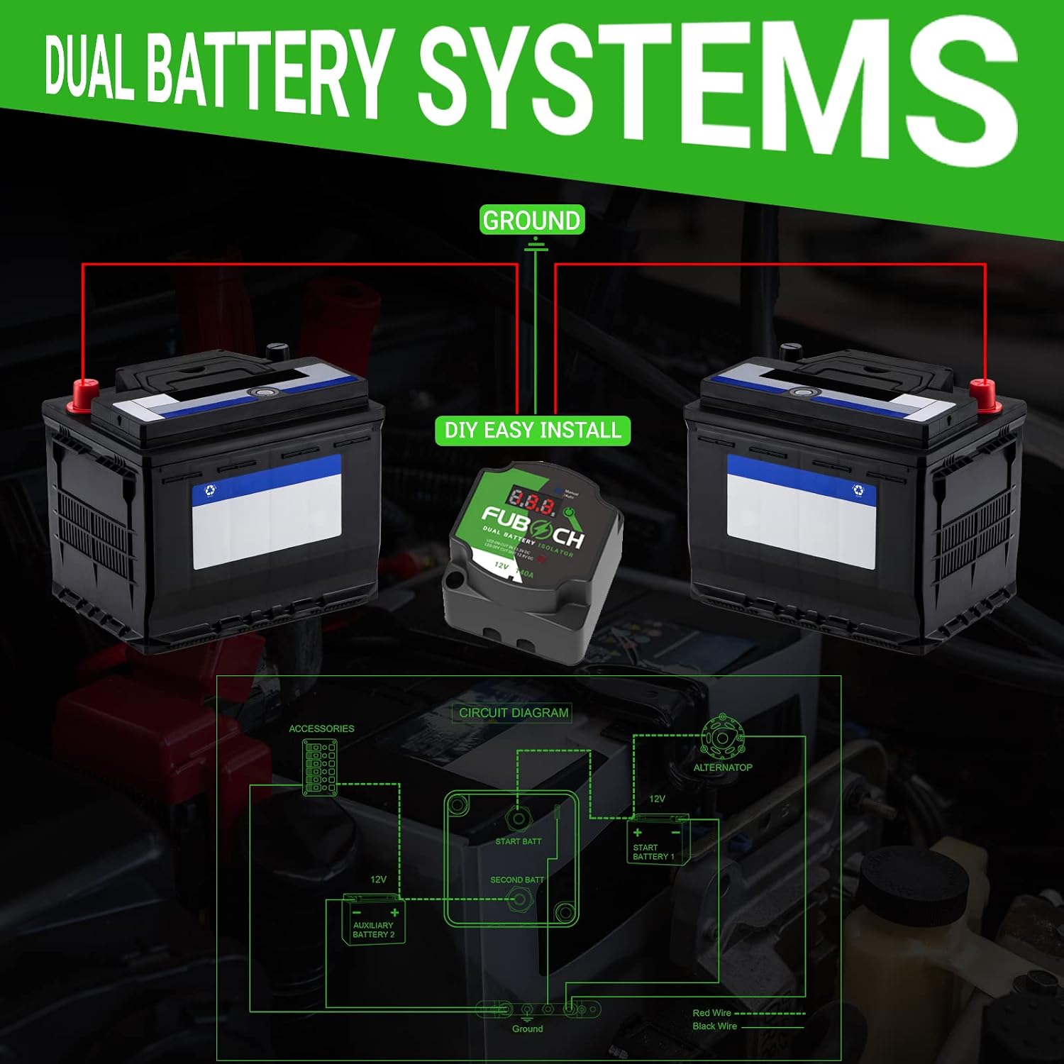 Dual Battery Smart Isolator 12V 140AMP - Auto/Manual Modes with Voltmeter for Vans, Trucks, ATV, UTV, RV, Boat - 22FT