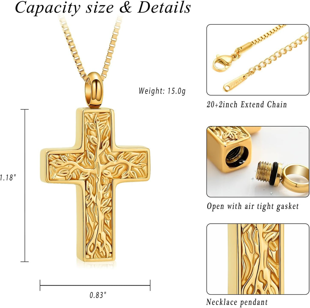 Cross Urn Necklace for Ashes for Women Men Tree of Life Cross Cremation Jewelry Keepsake Pendant for Ashes of Loved One