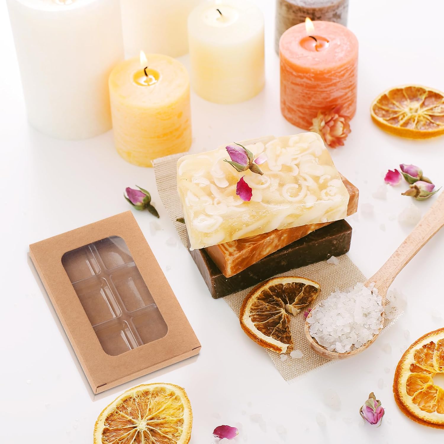 50 PCS Gift Boxes for Wax Melts 6 Cavity Plastic Mold with Box Kraft Wax Melt Boxes Crystal Clear Wax Melt Molds Wax